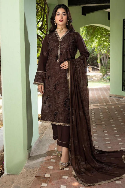 Mahnur-Embroidered Karandi-Brown-3PC - Branded Cut Pieces