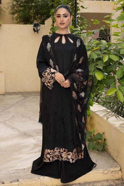 Mahnur-Embroidered Karandi-Black-3PC - Branded Cut Pieces