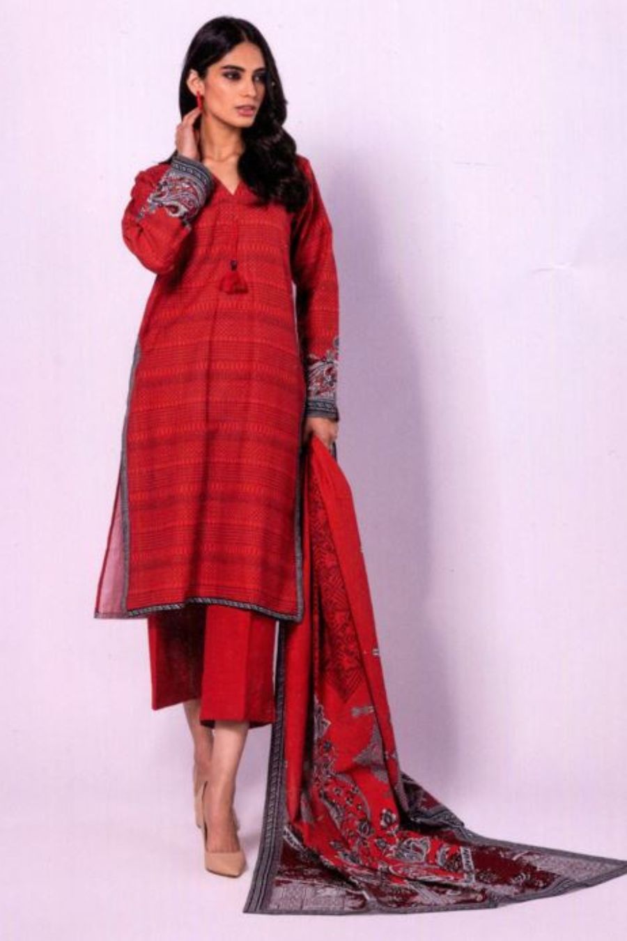 Digital Printed Light Khaddar-Red-3PC - Branded Cut Pieces