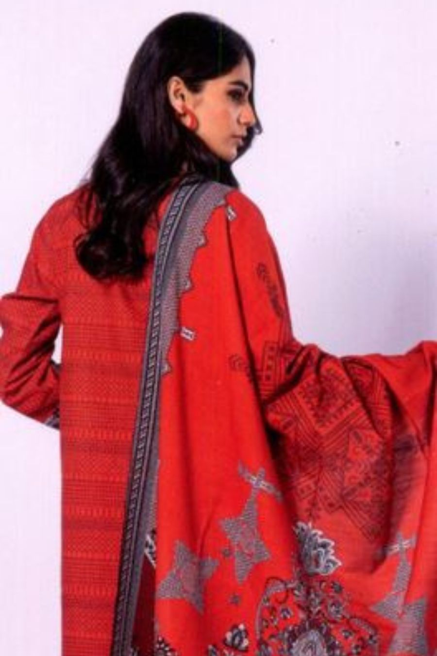 Digital Printed Light Khaddar-Red-3PC - Branded Cut Pieces