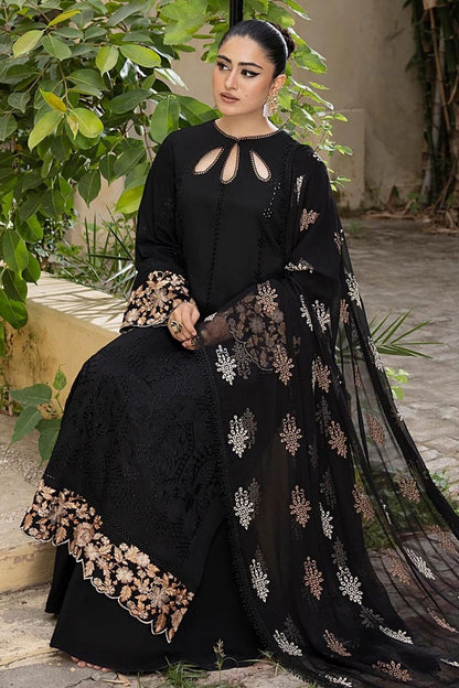 Mahnur-Embroidered Karandi-Black-3PC - Branded Cut Pieces