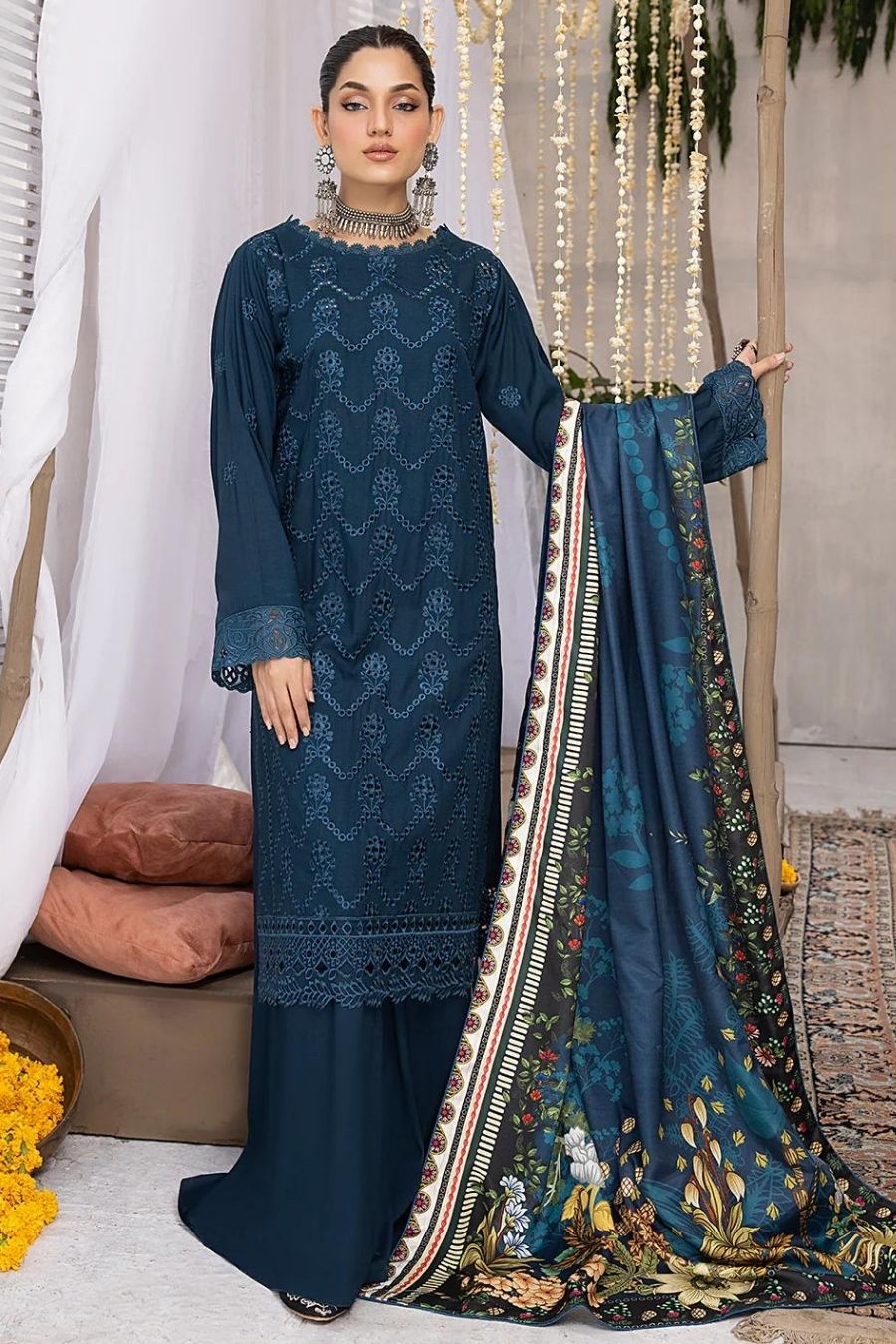 Mahnur (Mehru)-Embroidered Slub Linen-Zink-3PC - Branded Cut Pieces