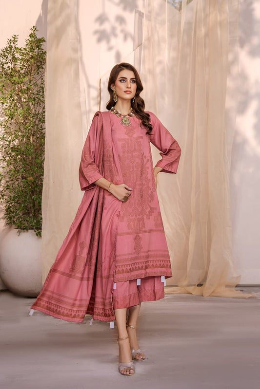 Hania&Minahil-Dyed Composed Jacquard Linen-Pink-3PC - Branded Cut Pieces