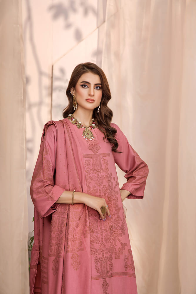 Hania&Minahil-Dyed Composed Jacquard Linen-Pink-3PC - Branded Cut Pieces