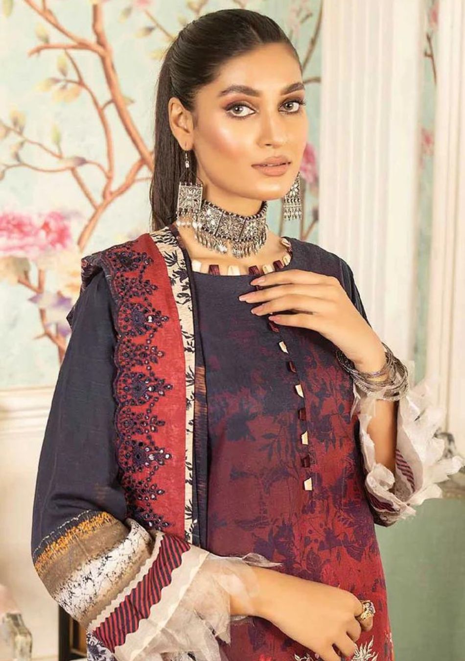 Mahee's-Embroidered Slub khaadar-Multi-3PC - Branded Cut Pieces