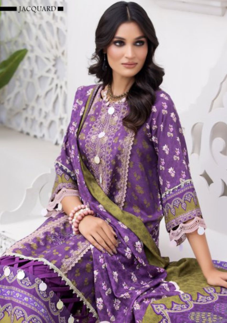 Jacquard-Embroidered Slub Viscose-Purple-3PC - Branded Cut Pieces