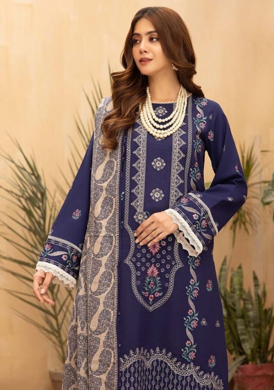 Aizal-Embroidered khaadar-Blue-3PC - Branded Cut Pieces