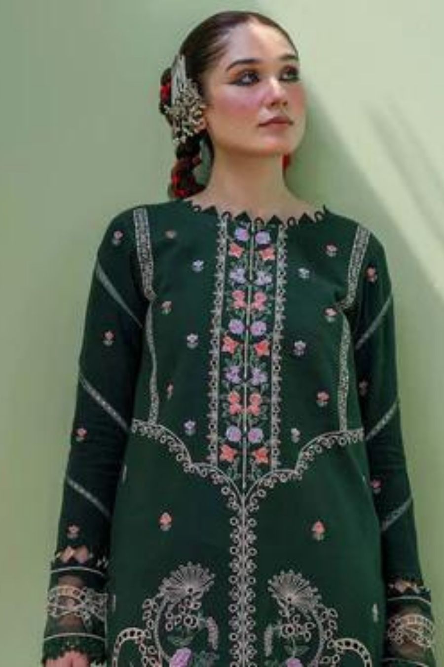 Parishay-Embroidered Karandi-Green-3PC - Branded Cut Pieces