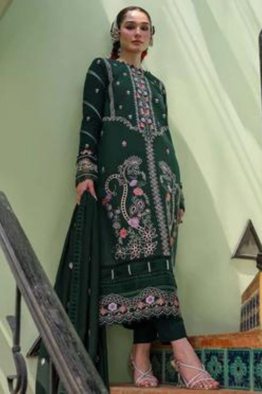 Parishay-Embroidered Karandi-Green-3PC - Branded Cut Pieces