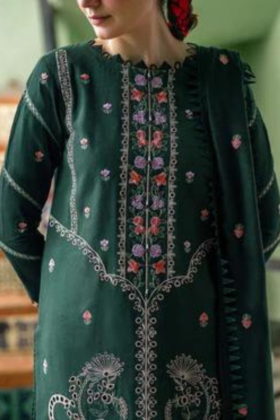 Parishay-Embroidered Karandi-Green-3PC - Branded Cut Pieces