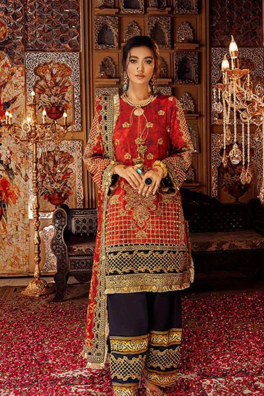 Embroidered -Luxury-Red-3pc - Branded Cut Pieces