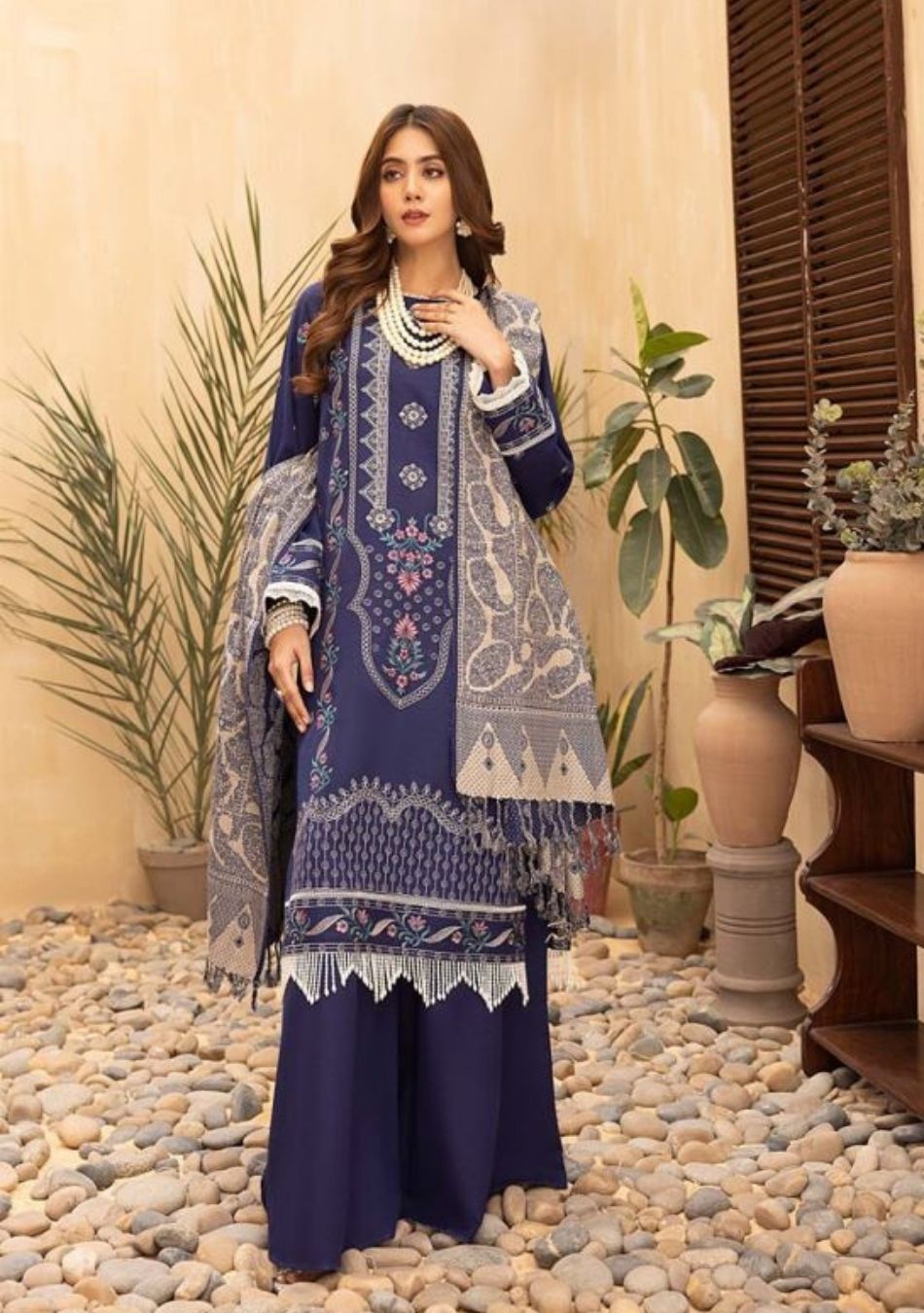 Aizal-Embroidered khaadar-Blue-3PC - Branded Cut Pieces