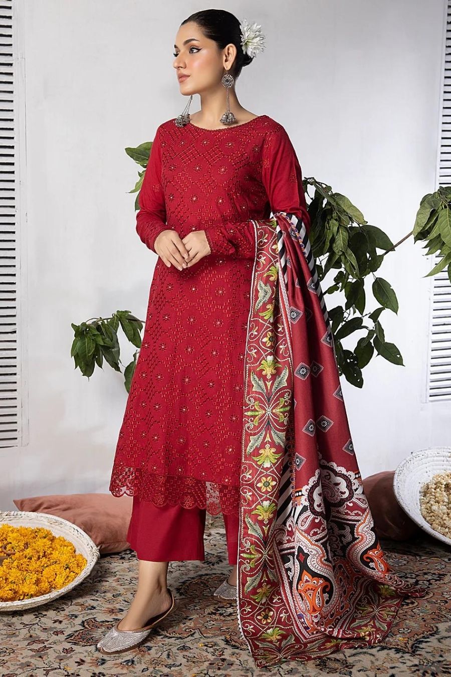 Mahnur (Mehru)-Embroidered Slub Linen-Red-3PC - Branded Cut Pieces