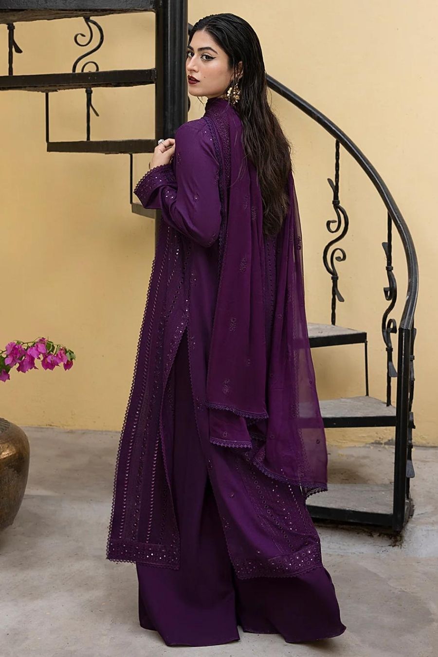 Mahnur-Embroidered Karandi-Purple-3PC - Branded Cut Pieces