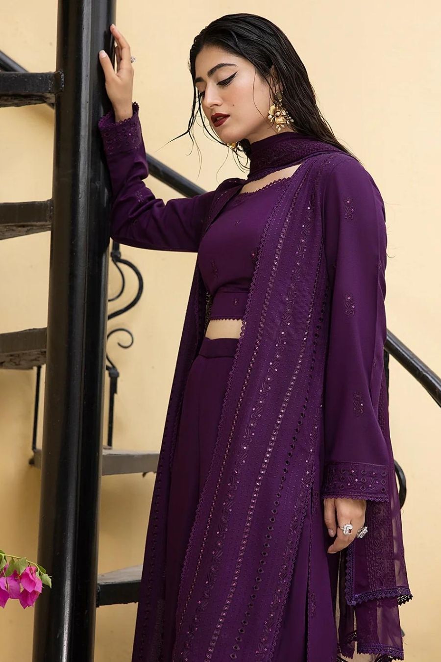 Mahnur-Embroidered Karandi-Purple-3PC - Branded Cut Pieces