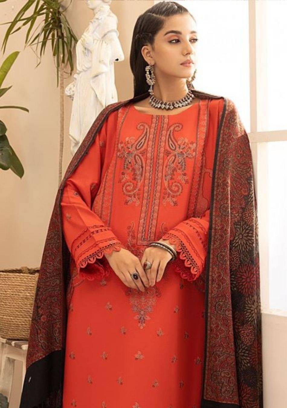 Aizal-Embroidered karandi-Orange-3PC - Branded Cut Pieces