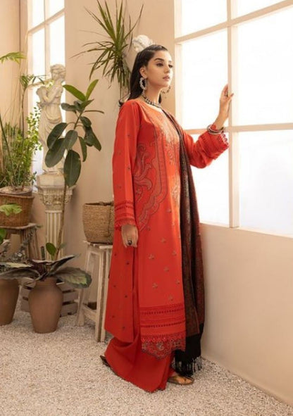 Aizal-Embroidered karandi-Orange-3PC - Branded Cut Pieces