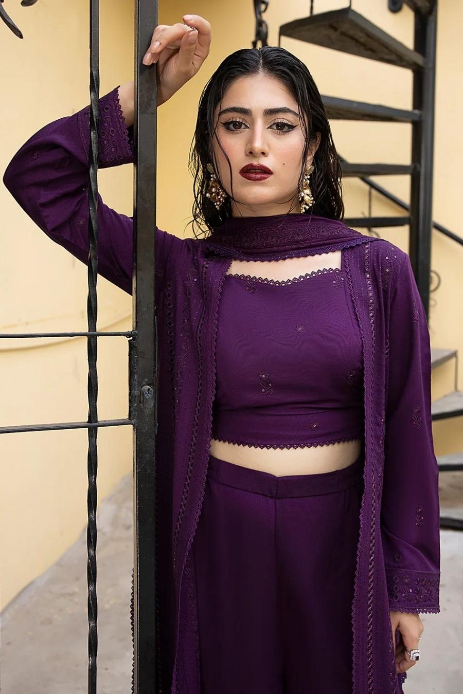 Mahnur-Embroidered Karandi-Purple-3PC - Branded Cut Pieces