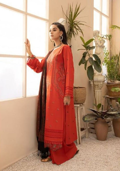 Aizal-Embroidered karandi-Orange-3PC - Branded Cut Pieces