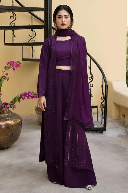 Mahnur-Embroidered Karandi-Purple-3PC - Branded Cut Pieces