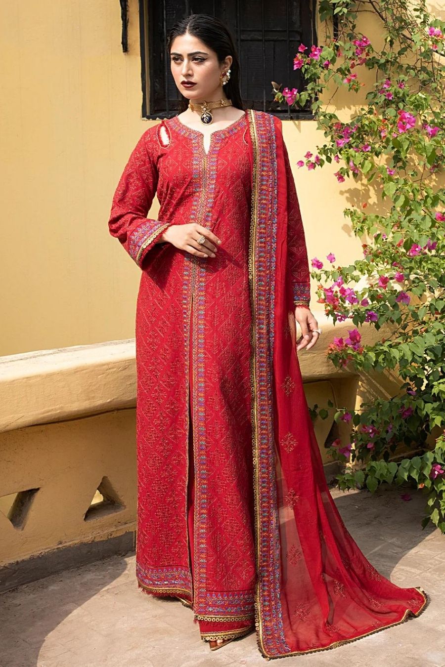 Mahnur-Embroidered Karandi-Red-3PC - Branded Cut Pieces