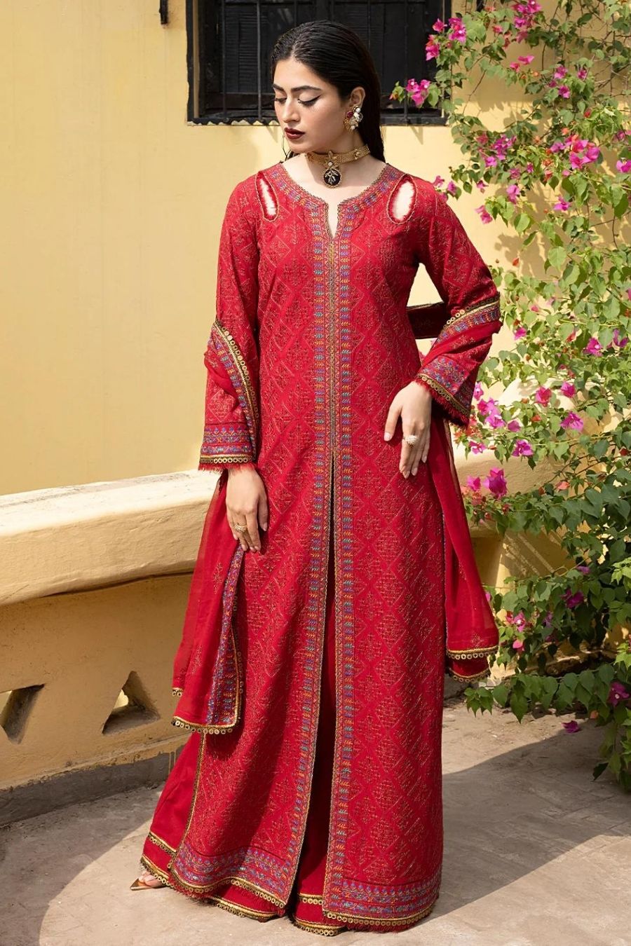 Mahnur-Embroidered Karandi-Red-3PC - Branded Cut Pieces