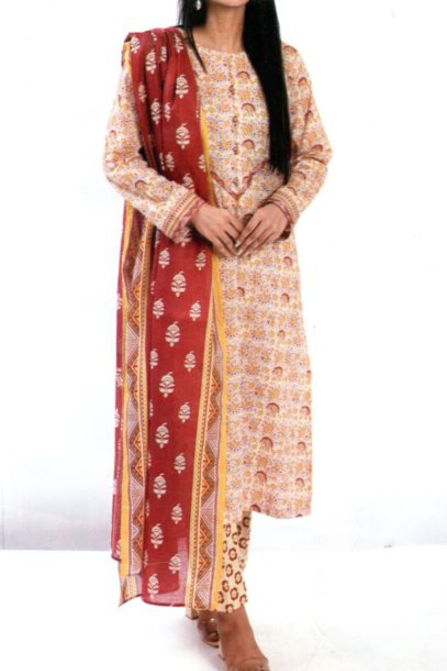 Digital Printed Lawn-Beige-3PC - Branded Cut Pieces