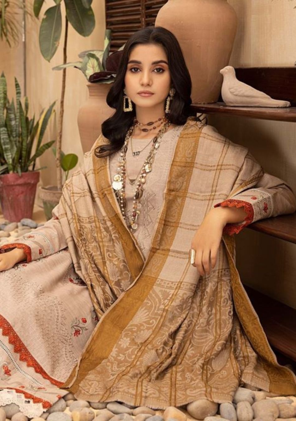 Aizal-Embroidered khaadar-Beige-3PC - Branded Cut Pieces