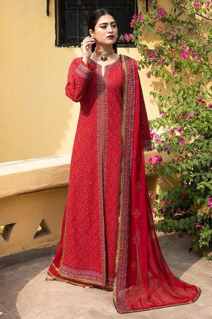 Mahnur-Embroidered Karandi-Red-3PC - Branded Cut Pieces