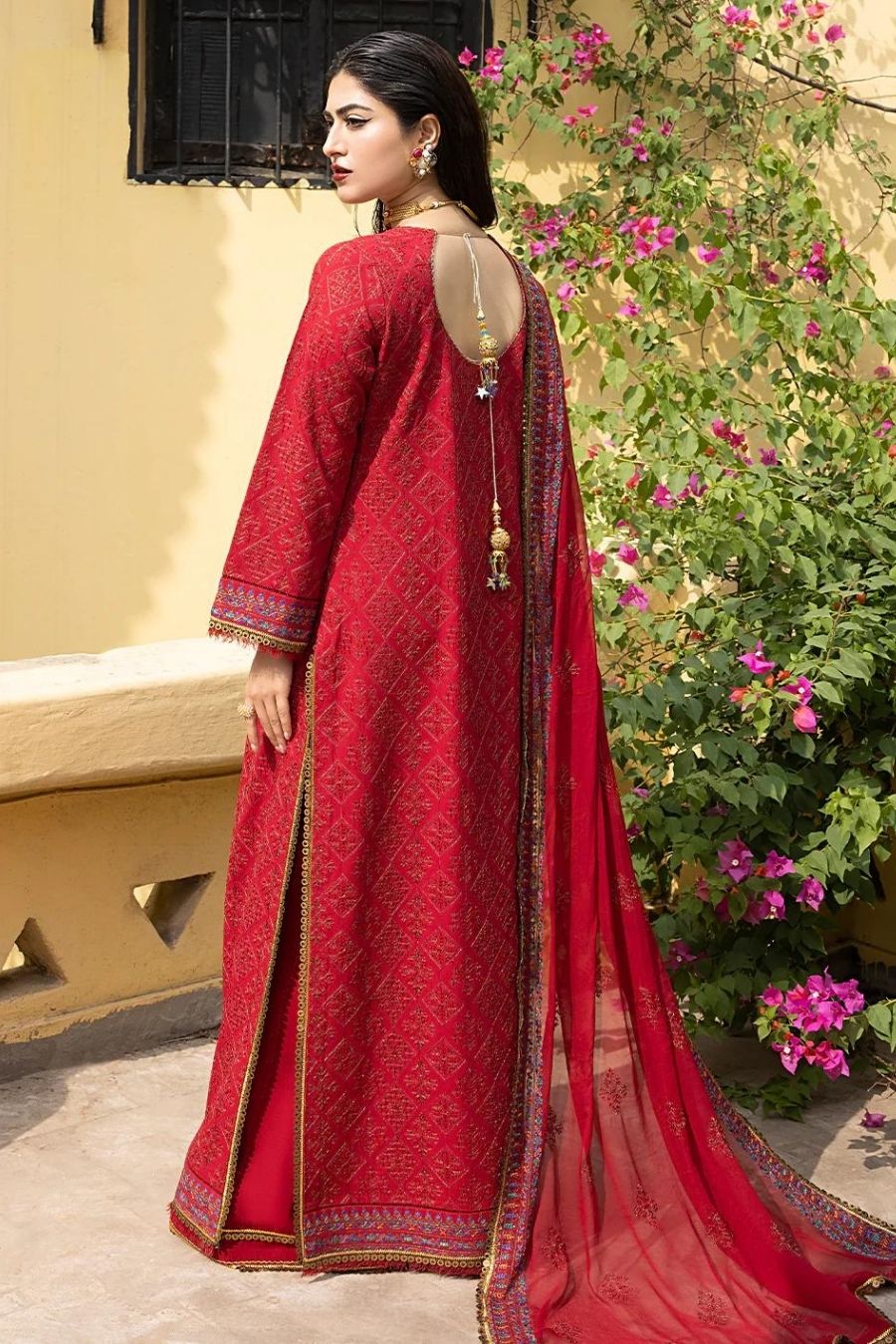 Mahnur-Embroidered Karandi-Red-3PC - Branded Cut Pieces