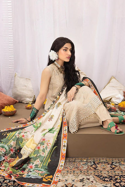 Mahnur (Mehru)-Embroidered Slub Linen-Beige-3PC - Branded Cut Pieces