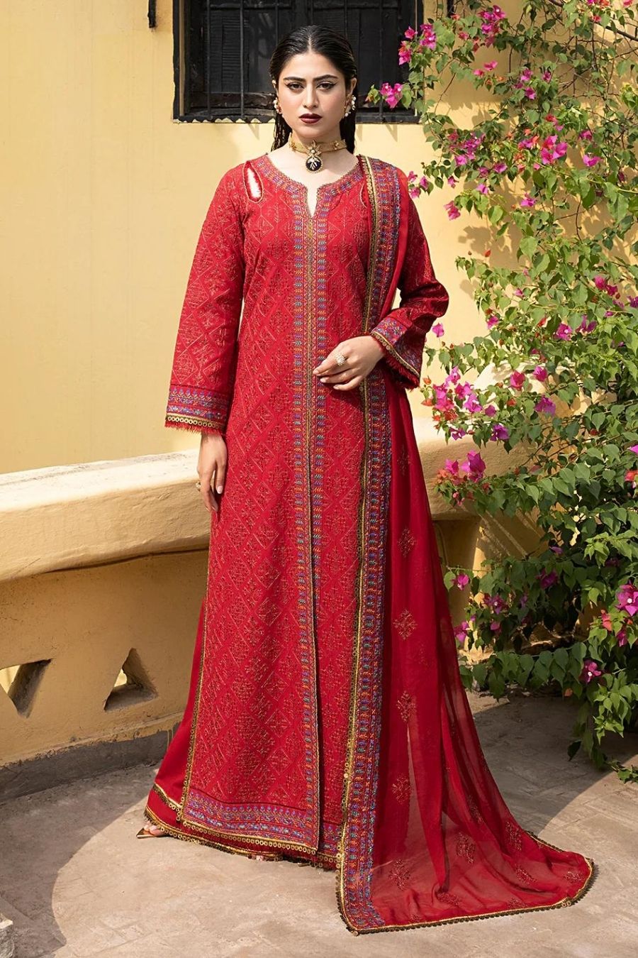 Mahnur-Embroidered Karandi-Red-3PC - Branded Cut Pieces