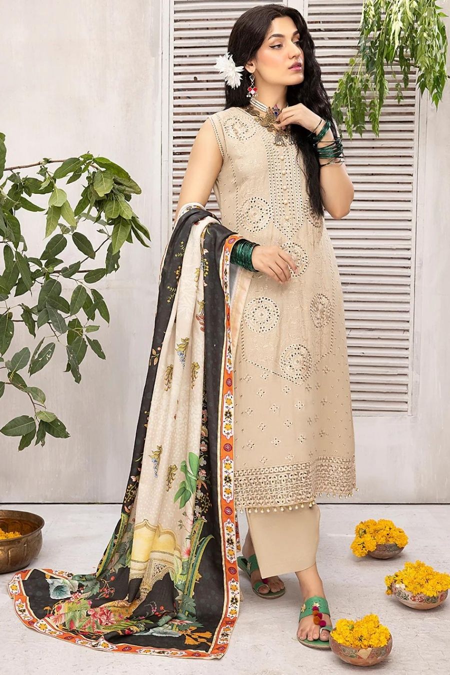 Mahnur (Mehru)-Embroidered Slub Linen-Beige-3PC - Branded Cut Pieces