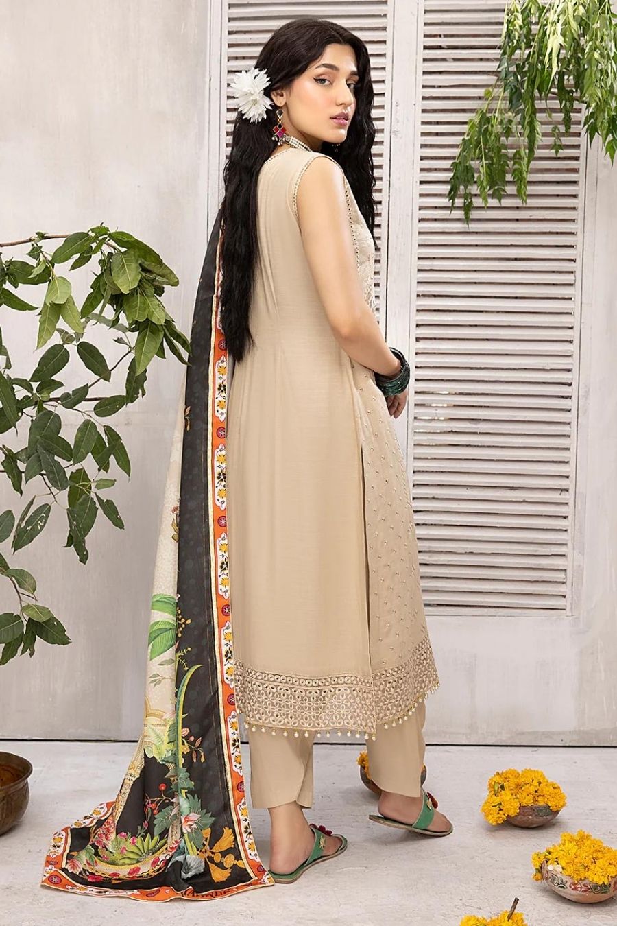 Mahnur (Mehru)-Embroidered Slub Linen-Beige-3PC - Branded Cut Pieces