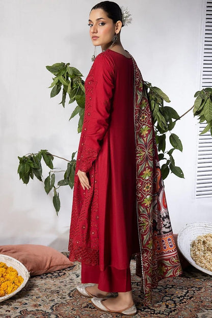 Mahnur (Mehru)-Embroidered Slub Linen-Red-3PC - Branded Cut Pieces