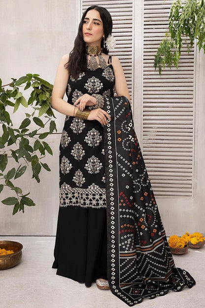 Mahnur (Mehru)-Embroidered Slub Linen-Black-3PC - Branded Cut Pieces