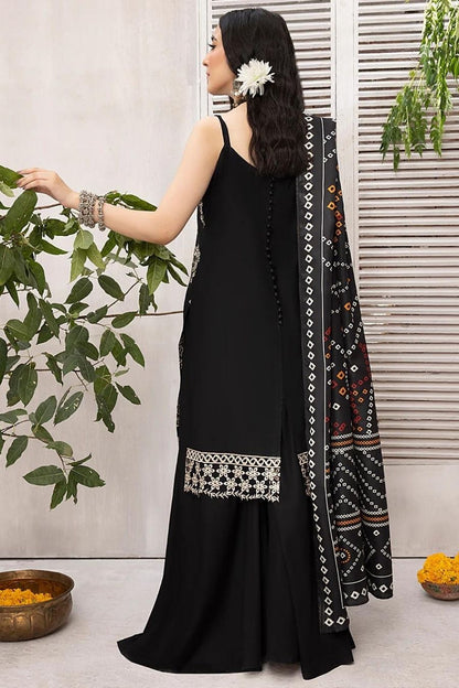 Mahnur (Mehru)-Embroidered Slub Linen-Black-3PC - Branded Cut Pieces