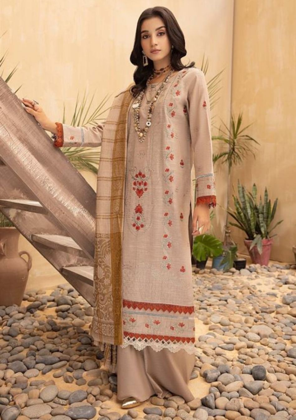 Aizal-Embroidered khaadar-Beige-3PC - Branded Cut Pieces