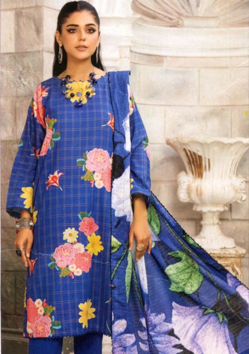 Safa Iman-Digital Printed Cross Grid Khaddar-Blue-3PC - Branded Cut Pieces