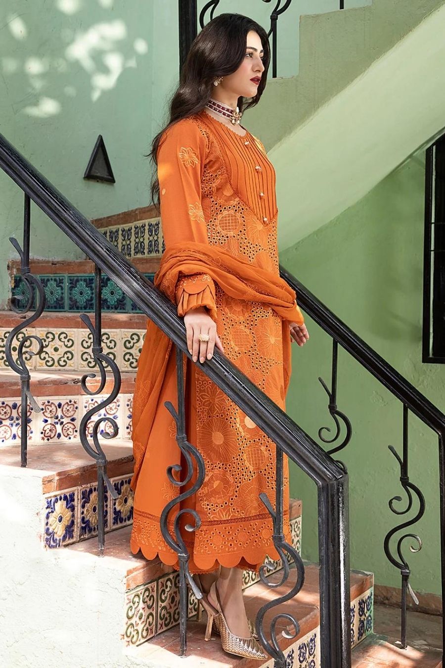 Mahnur-Embroidered Karandi-Orange-3PC - Branded Cut Pieces