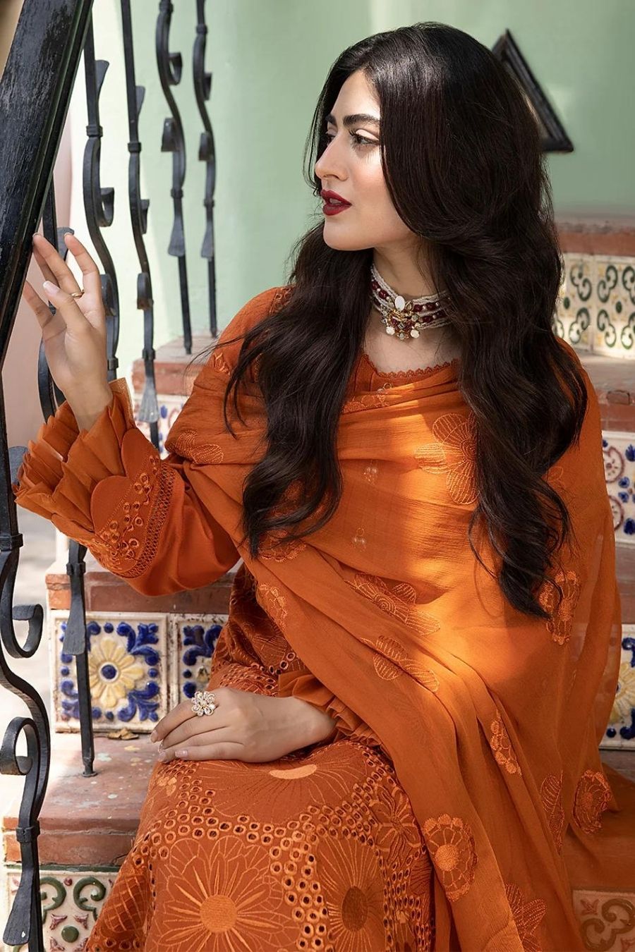 Mahnur-Embroidered Karandi-Orange-3PC - Branded Cut Pieces