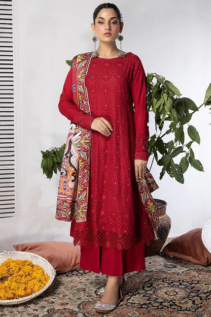 Mahnur (Mehru)-Embroidered Slub Linen-Red-3PC - Branded Cut Pieces