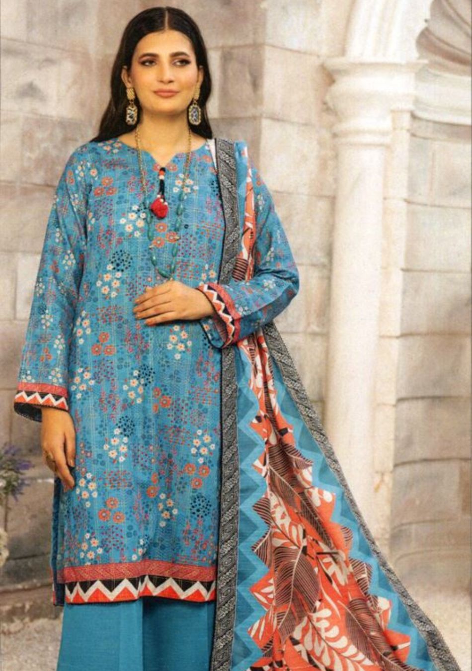 Jacquard-Digital Printed Cross Grid Khaddar-Ferozi-3PC - Branded Cut Pieces