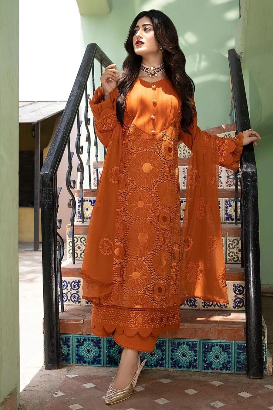 Mahnur-Embroidered Karandi-Orange-3PC - Branded Cut Pieces