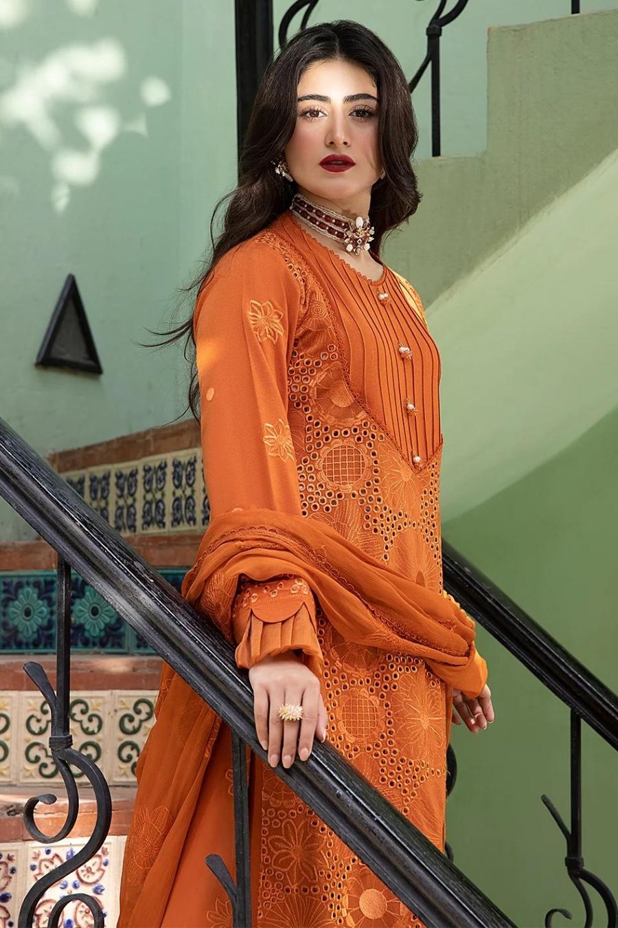 Mahnur-Embroidered Karandi-Orange-3PC - Branded Cut Pieces