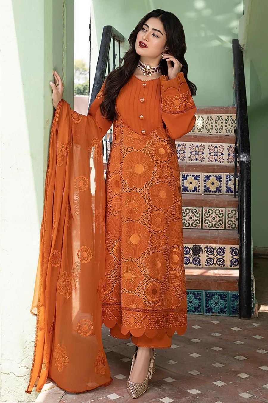 Mahnur-Embroidered Karandi-Orange-3PC - Branded Cut Pieces