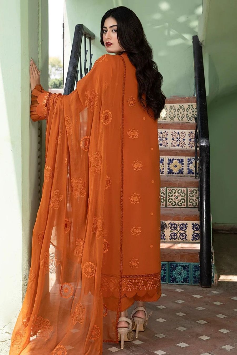 Mahnur-Embroidered Karandi-Orange-3PC - Branded Cut Pieces