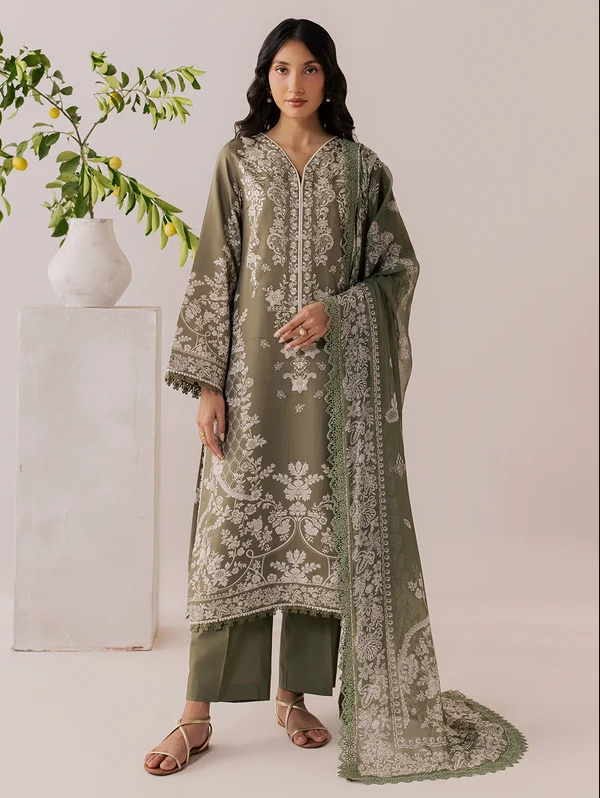 Mahnur Sage Embroidered Luxury Linen 3pc