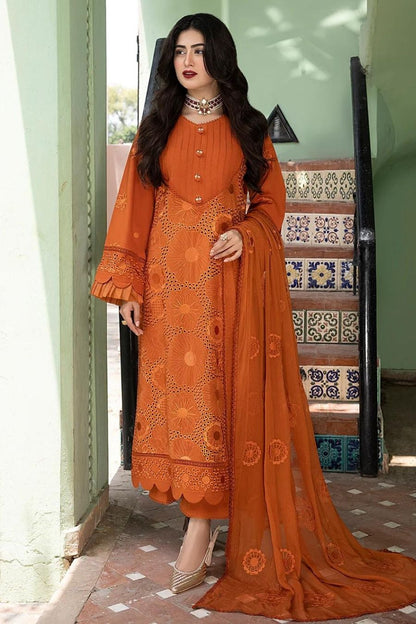 Mahnur-Embroidered Karandi-Orange-3PC - Branded Cut Pieces