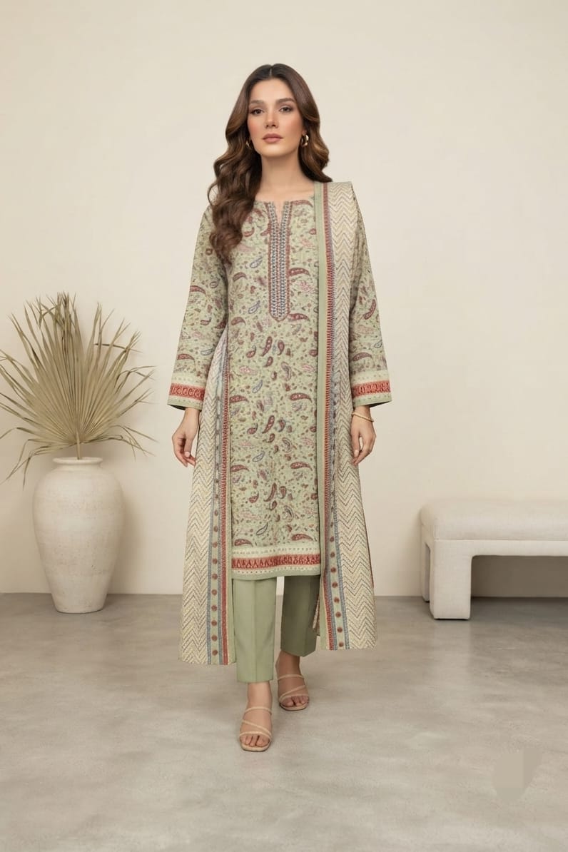 Mizaj Hoorain Unstitched Printed Khaddar 3pc